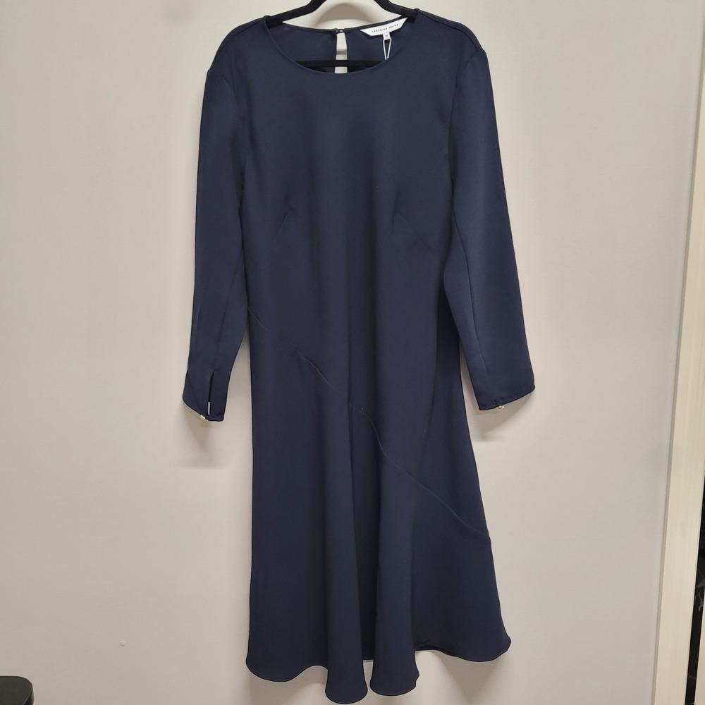 Veronika Maine Navy Blue Asymmetrical Long Sleeve Midi Dress Gold Button Size 18